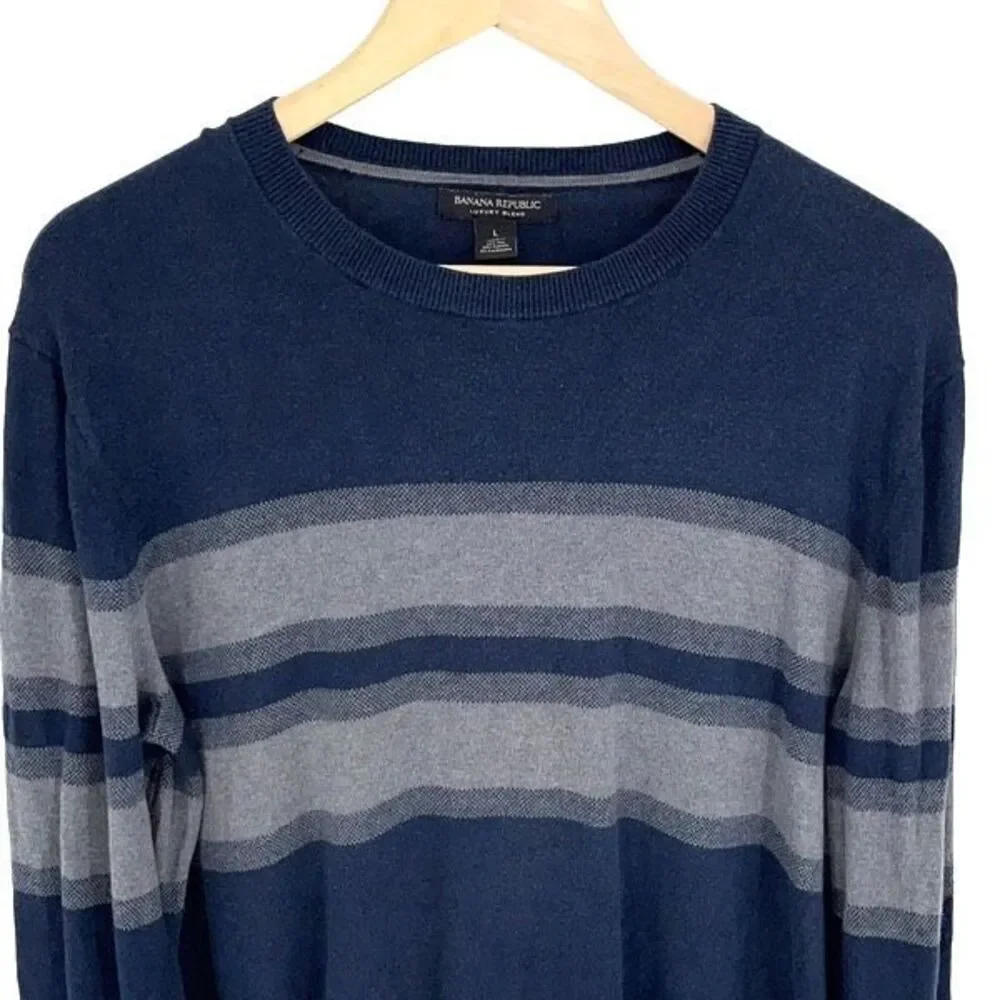 Banana Republic‎ Men's Knit Striped Silk Blend Pullover Sweater Blue Gray Large